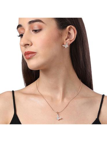 rose gold cubic zirconia butterfly pendant chain and earring (set of 2)
