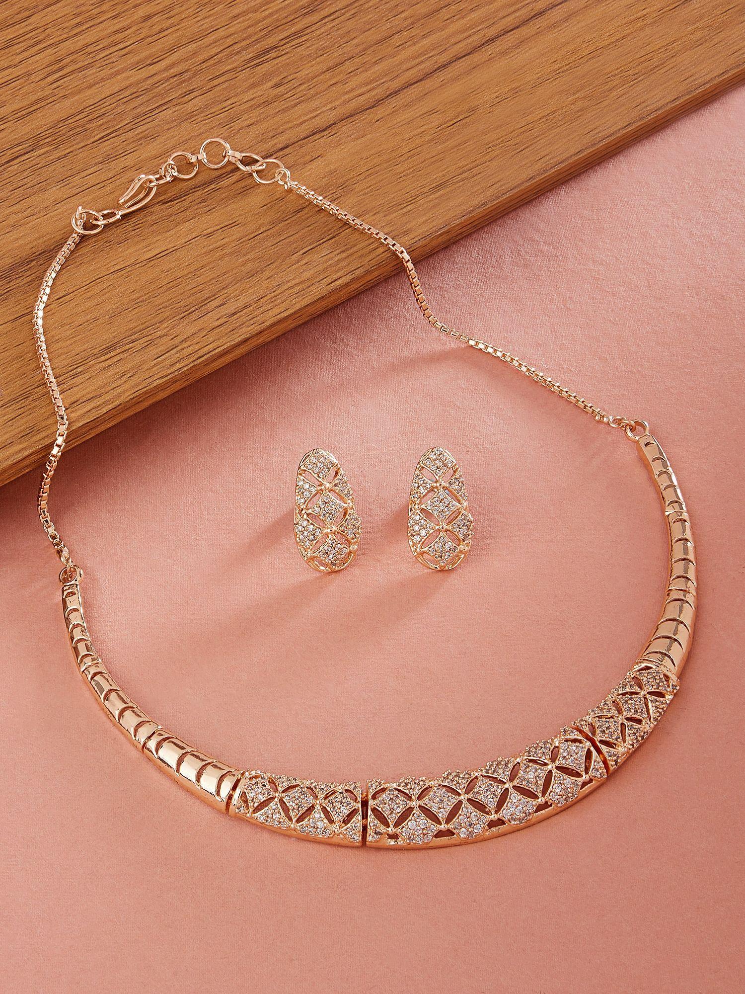 rose gold cubic zirconia party bling necklace & earring set-zpfk15274