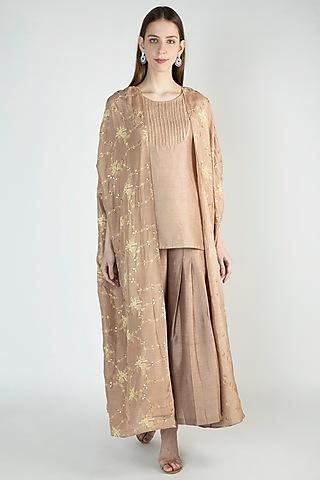 rose gold embroidered cardigan with kurta & palazzo pants