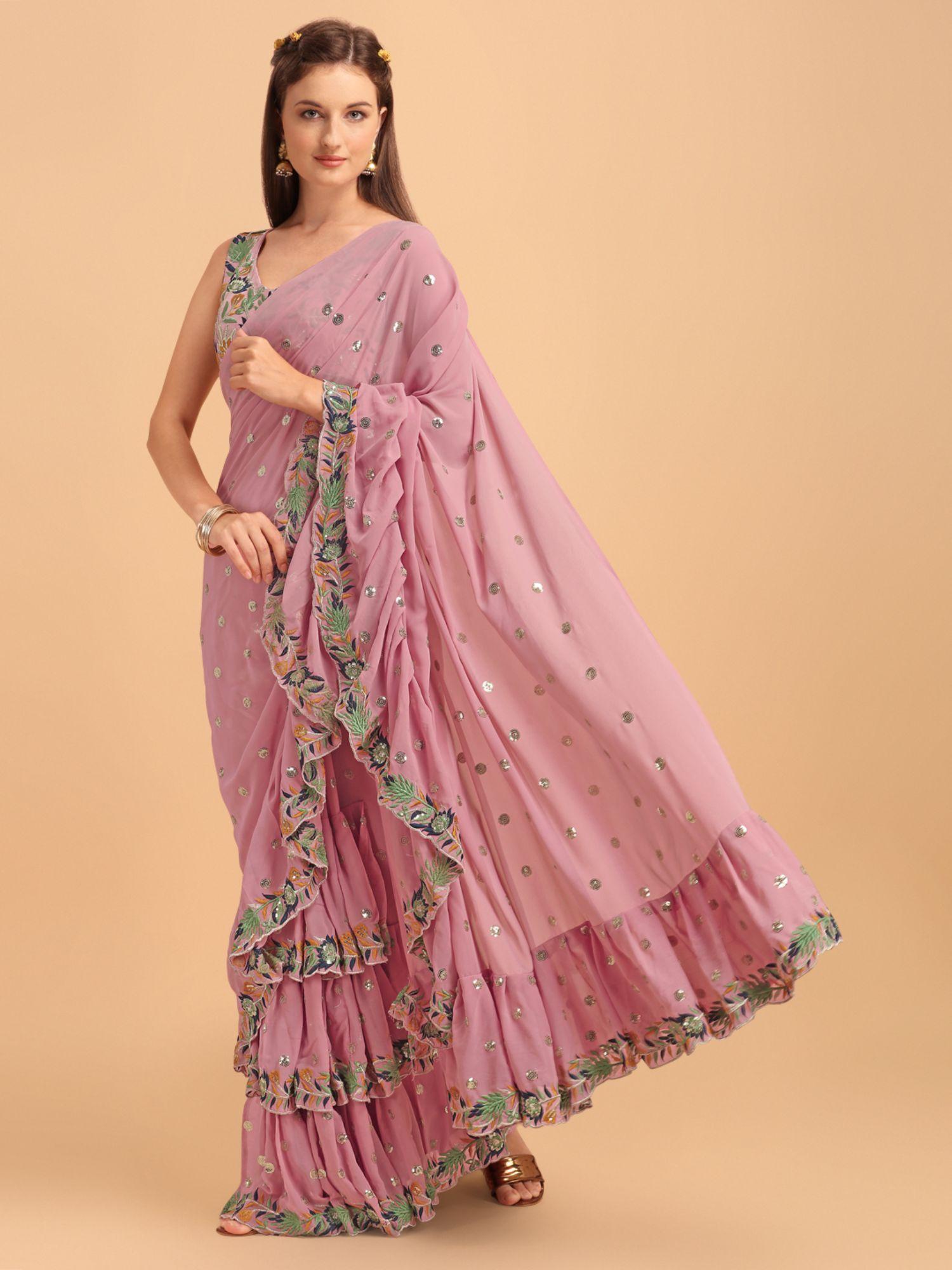 rose gold faux georgette embroidered ruffled saree with unstitched blouse