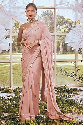 rose gold georgette thread embroidered saree set