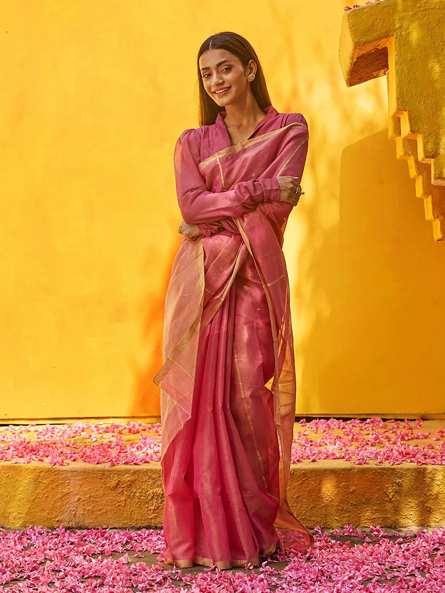 rose gold handloom tissue chanderi saree with unstitched blouse zari border