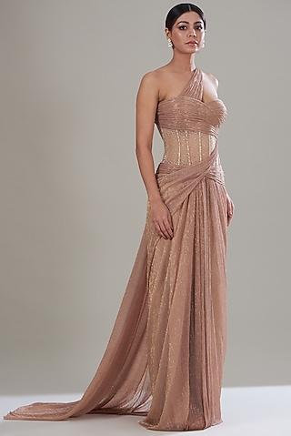 rose gold metallic crinkle tulle draped dress