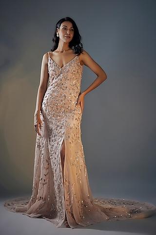 rose gold net 3d embroidered trail gown