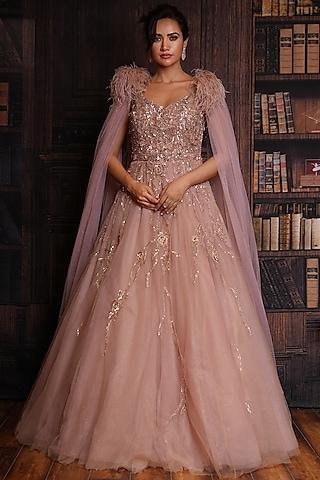 rose gold net floral embroidered gown