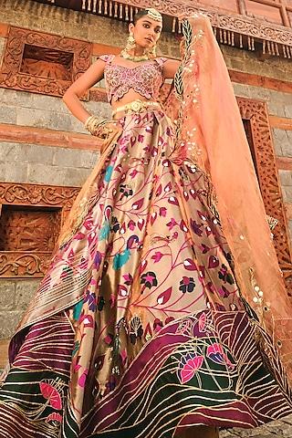 rose gold paithani silk pearl embellished lehenga set