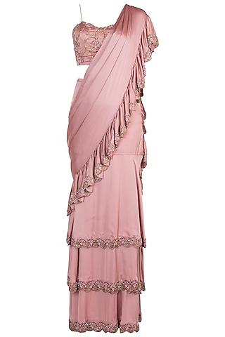 rose gold pink hand embroidered ruffled saree set