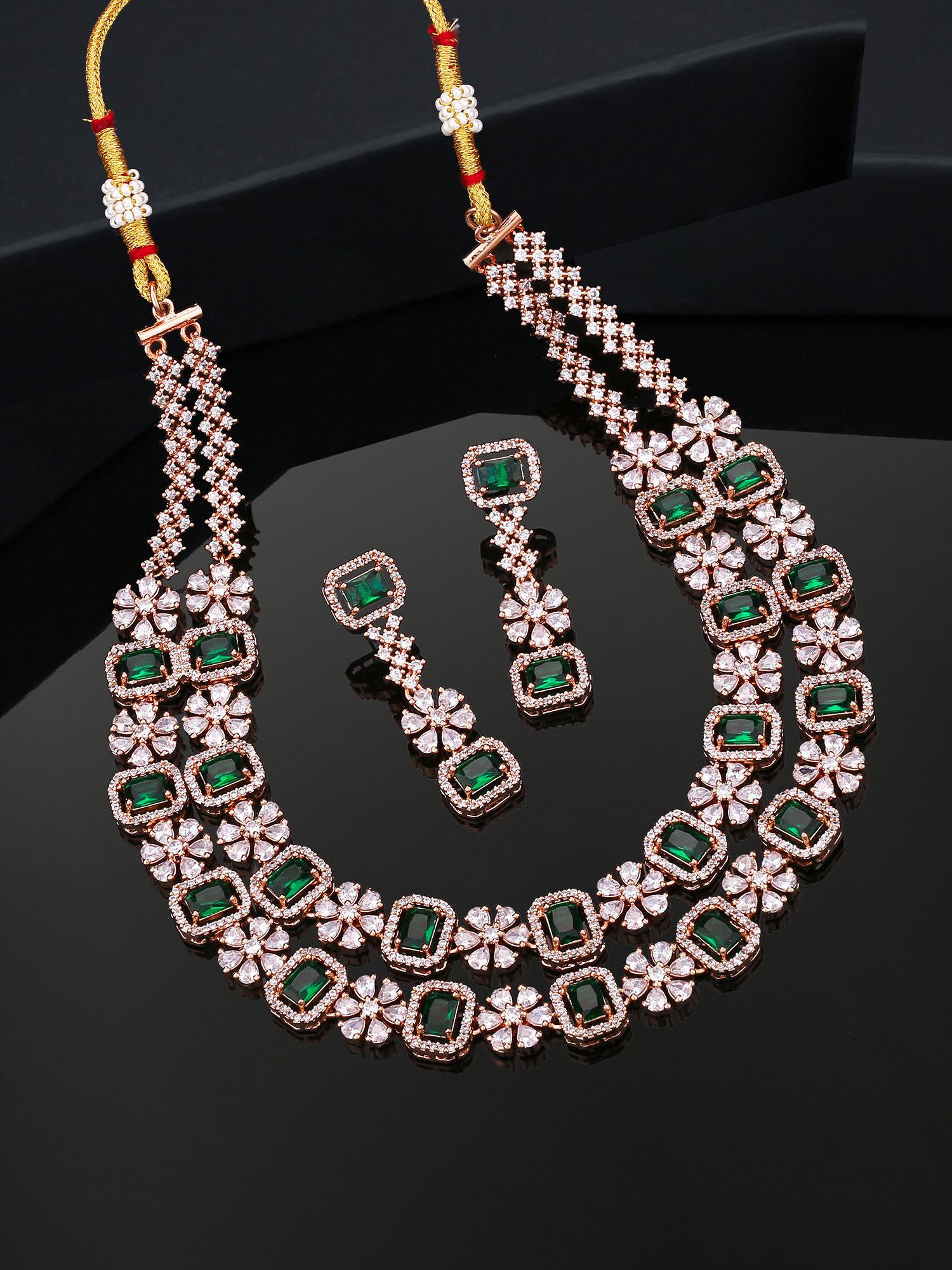 rose gold plated cz dazzling double layered necklace set with green crystals