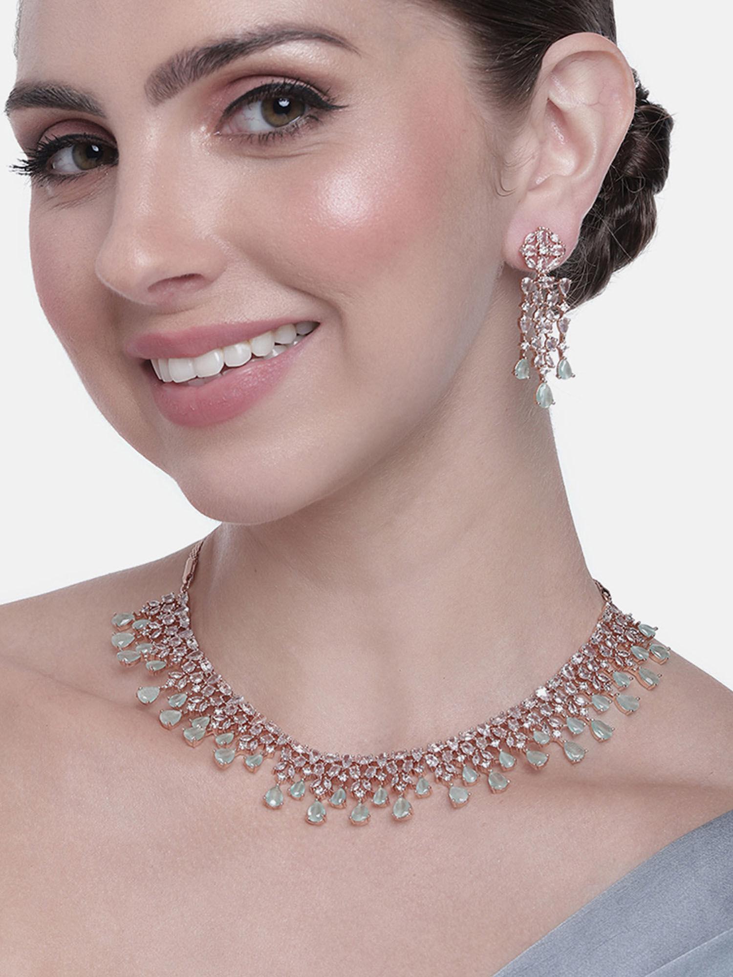 rose gold plated cz sparkling necklace set with mint green stones for women