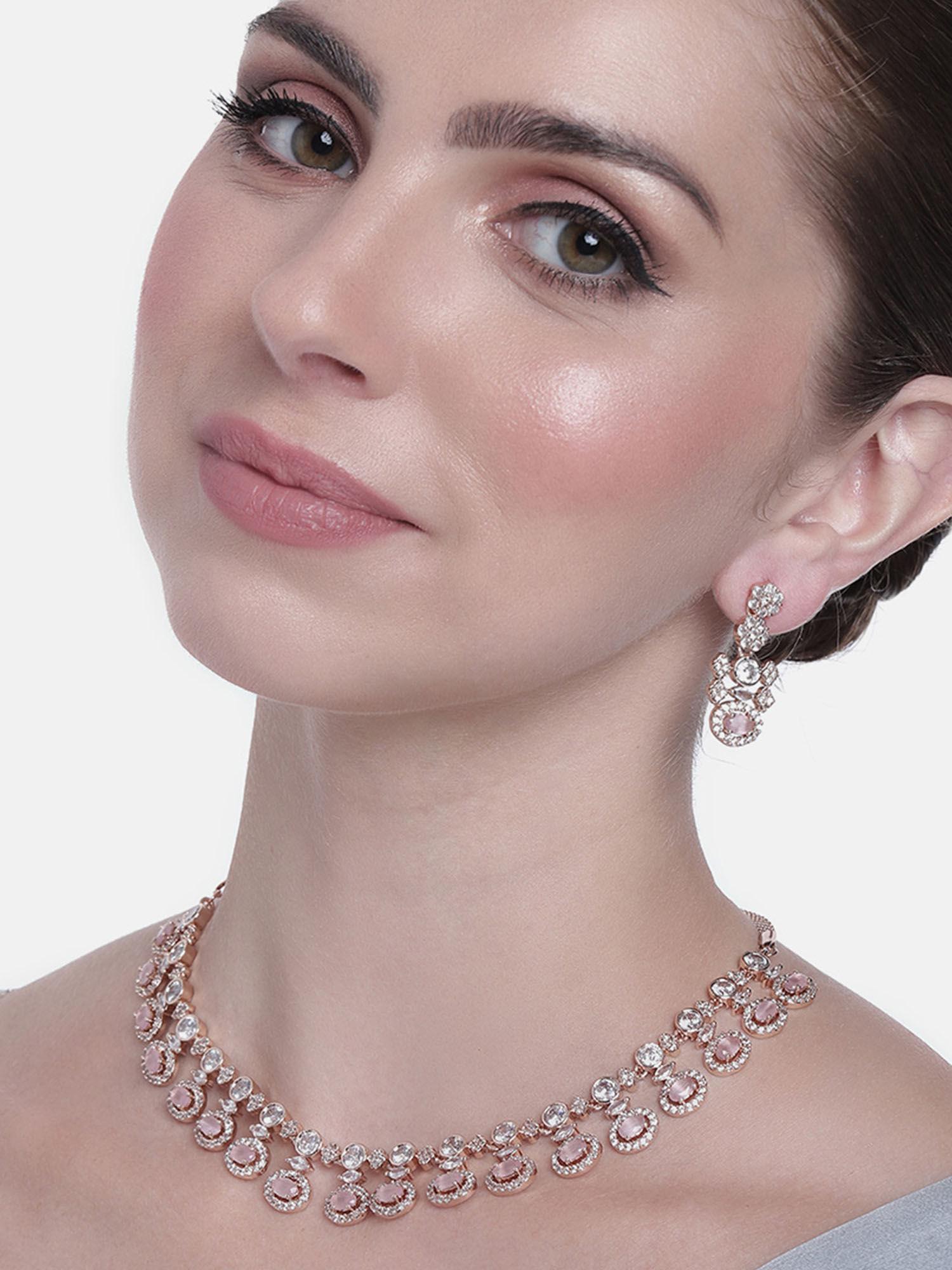 rose gold plated cz sparkling necklace set with pink stones for women