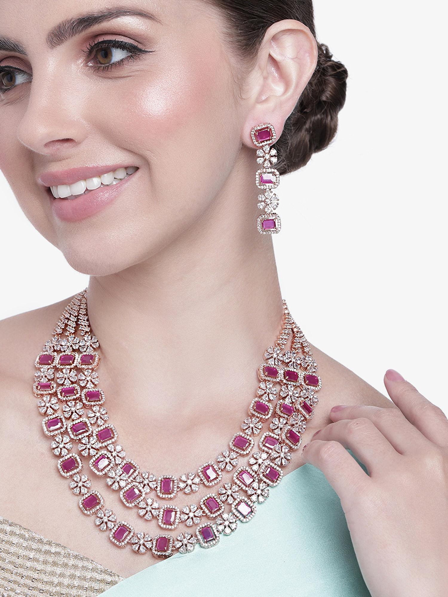 rose gold plated cz three layered necklace set with ruby stones for women (set of 2)