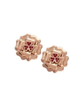 rose gold plated floral heart studs with crystal stones