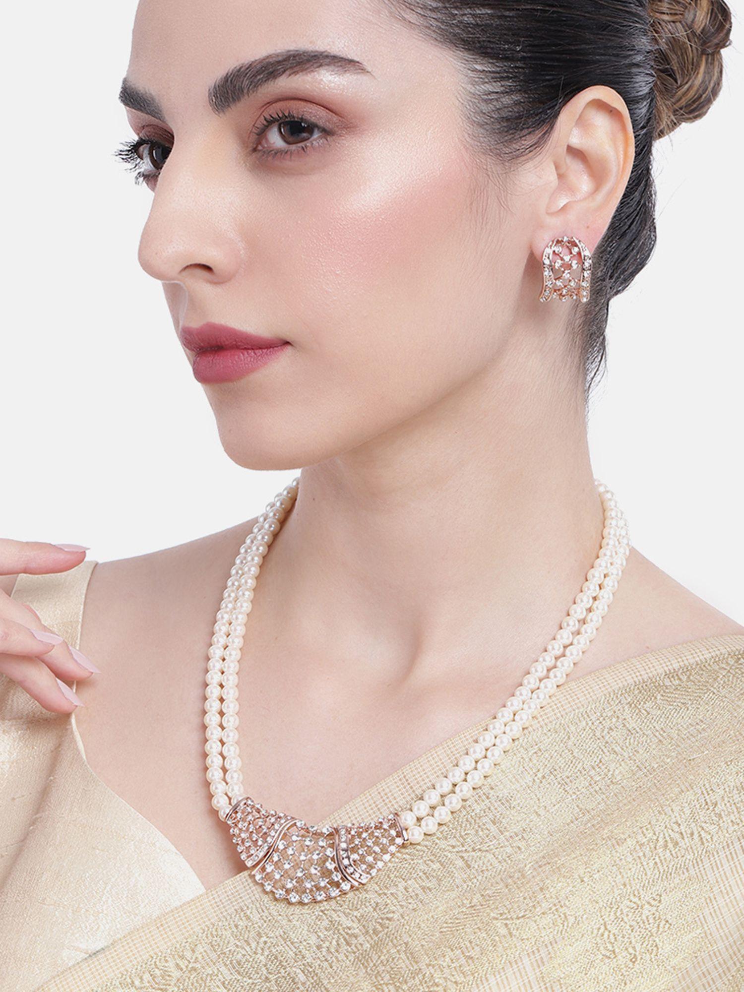 rose gold plated flower designer necklace set with crystals for women