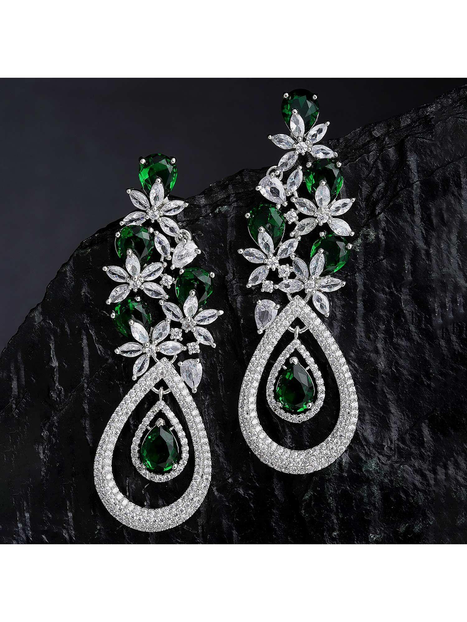 rose gold plated green cz and american diamond studded dangler earrings for women