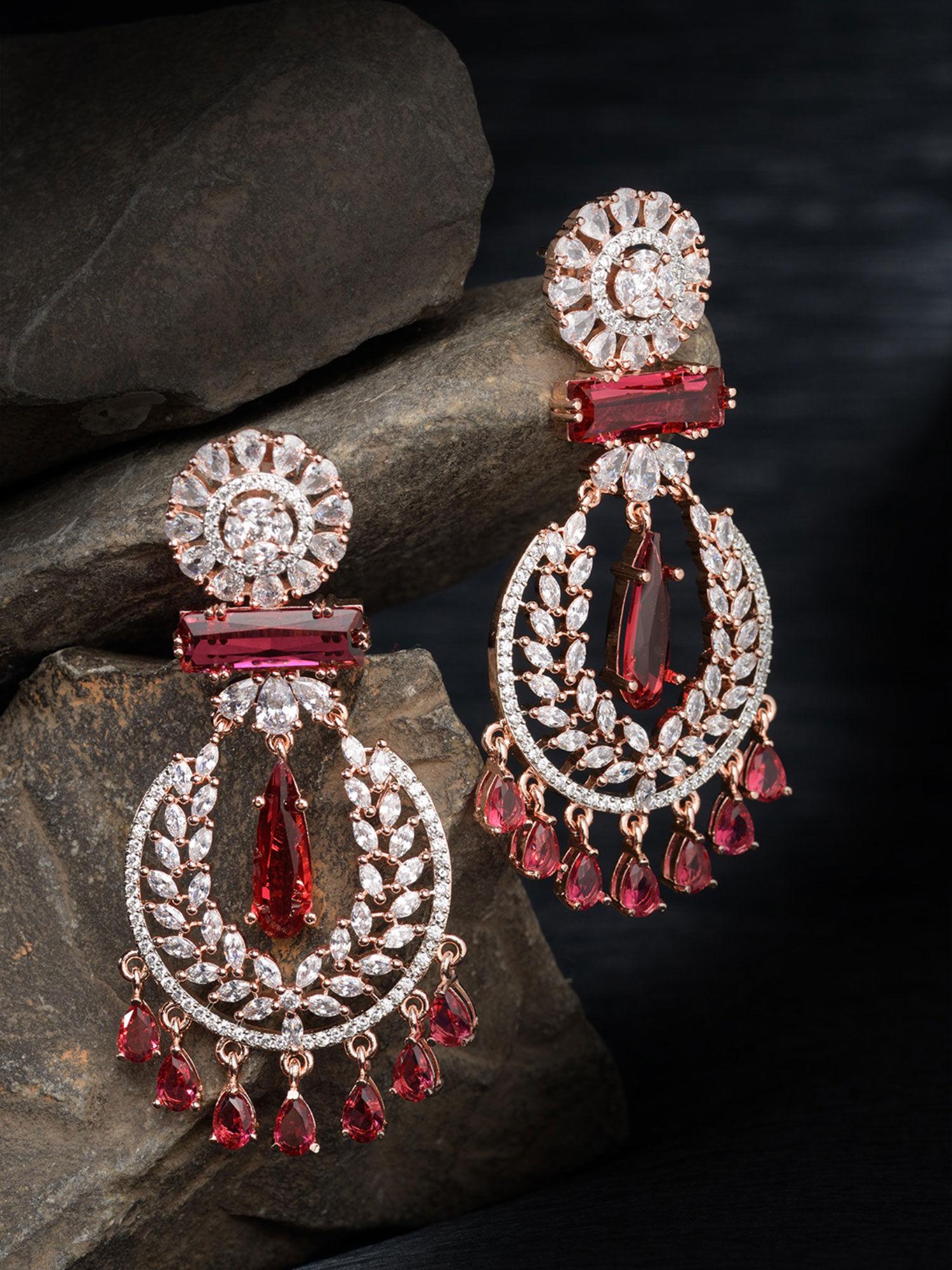rose gold plated ruby ad stone studded partywear designer floral drop earrings