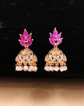 rose gold-plated stone-studded jhumka earrings