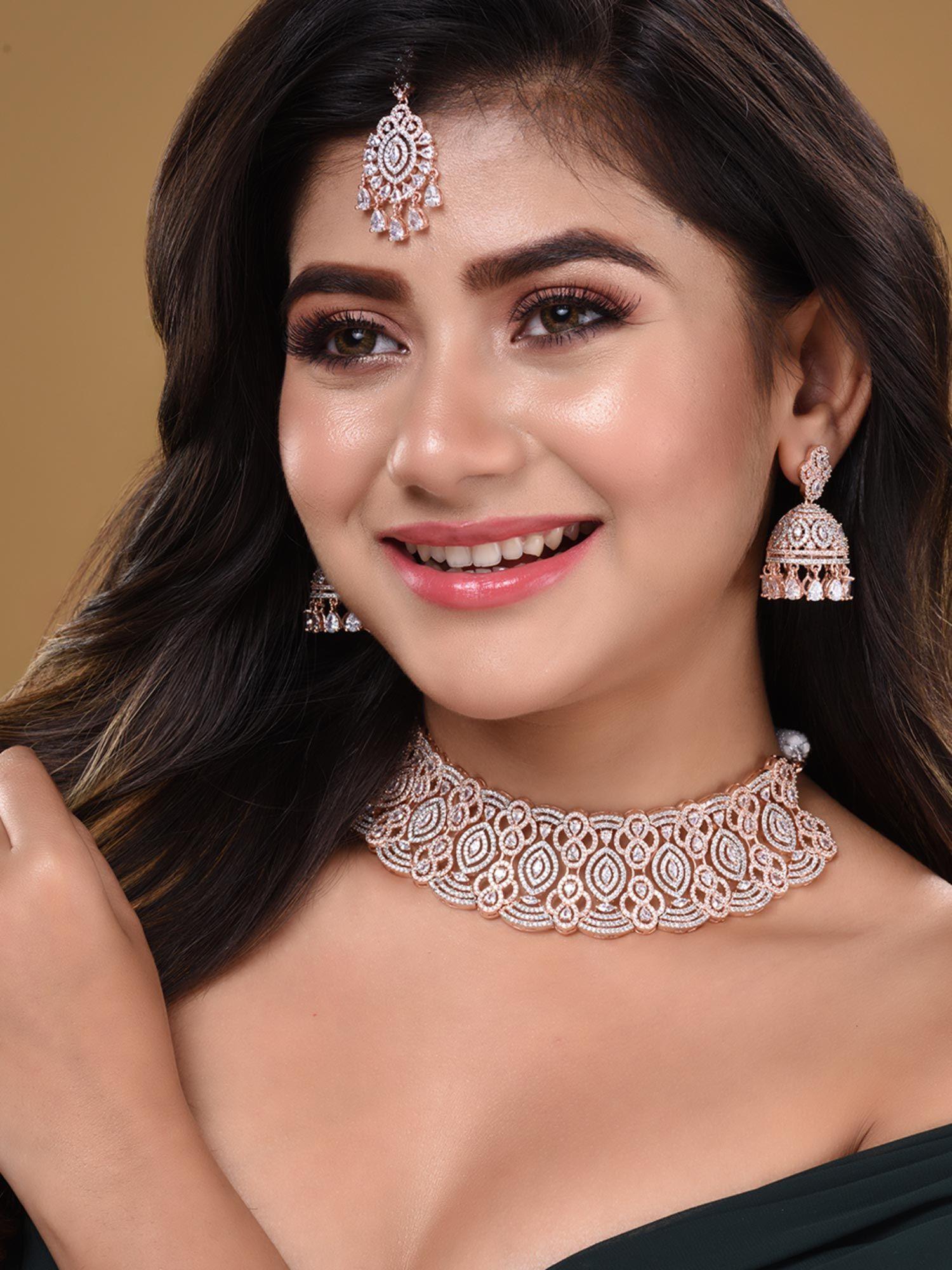 rose gold plated white ad studded heavy choker with earring maagtika (set of 3)