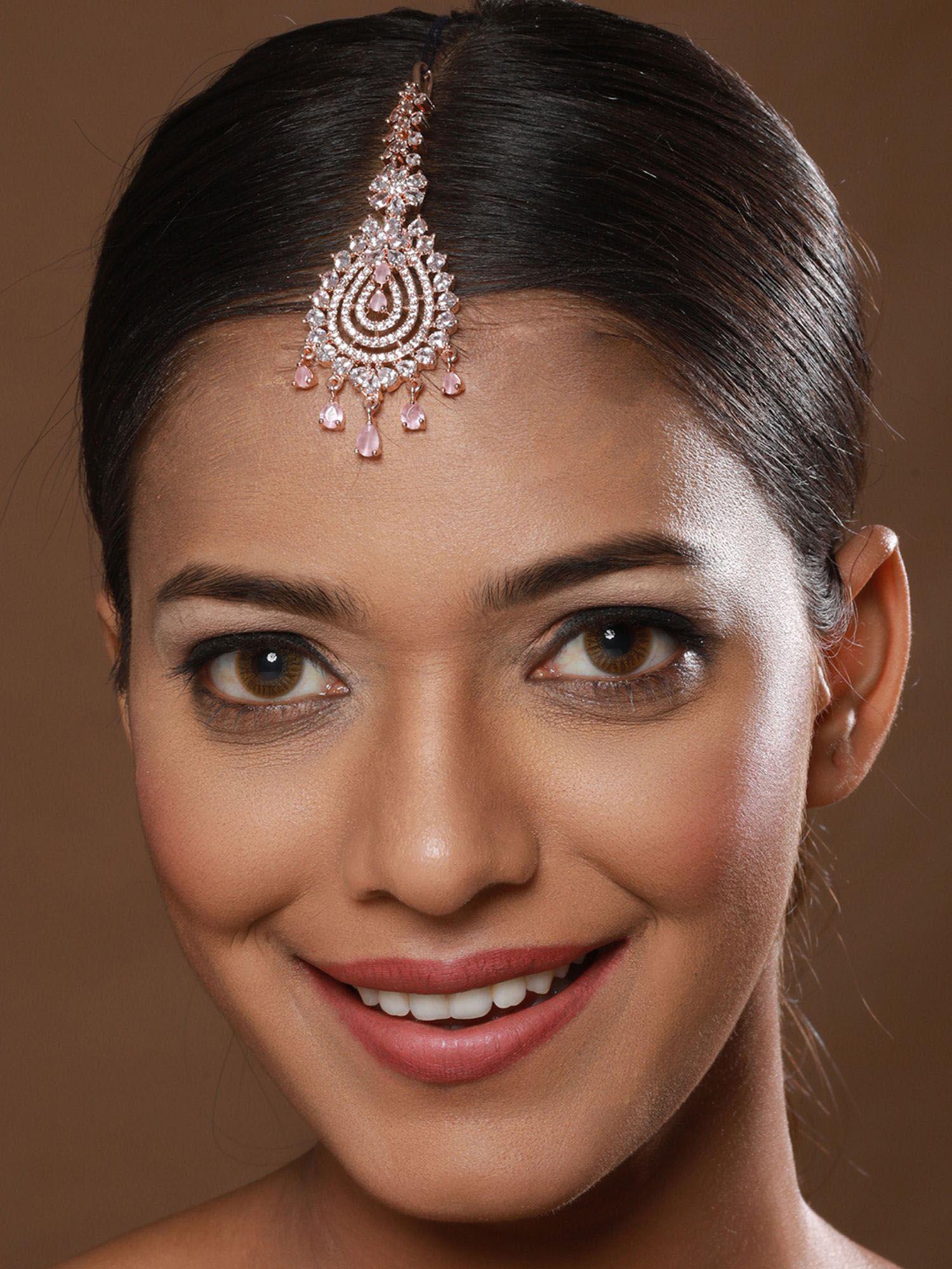 rose gold-plated white cz & pink ad-studded handcrafted maang tikka