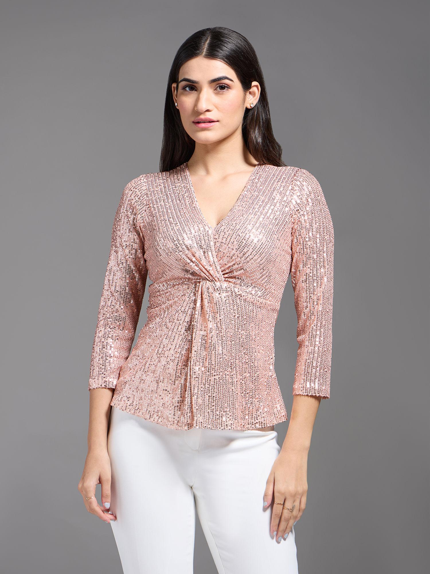 rose gold sequin v neck peplum top