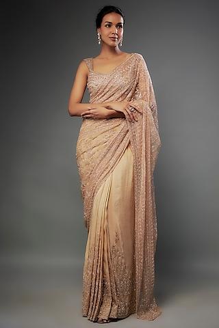 rose gold tissue georgette cutdana embellished draped skirt saree set