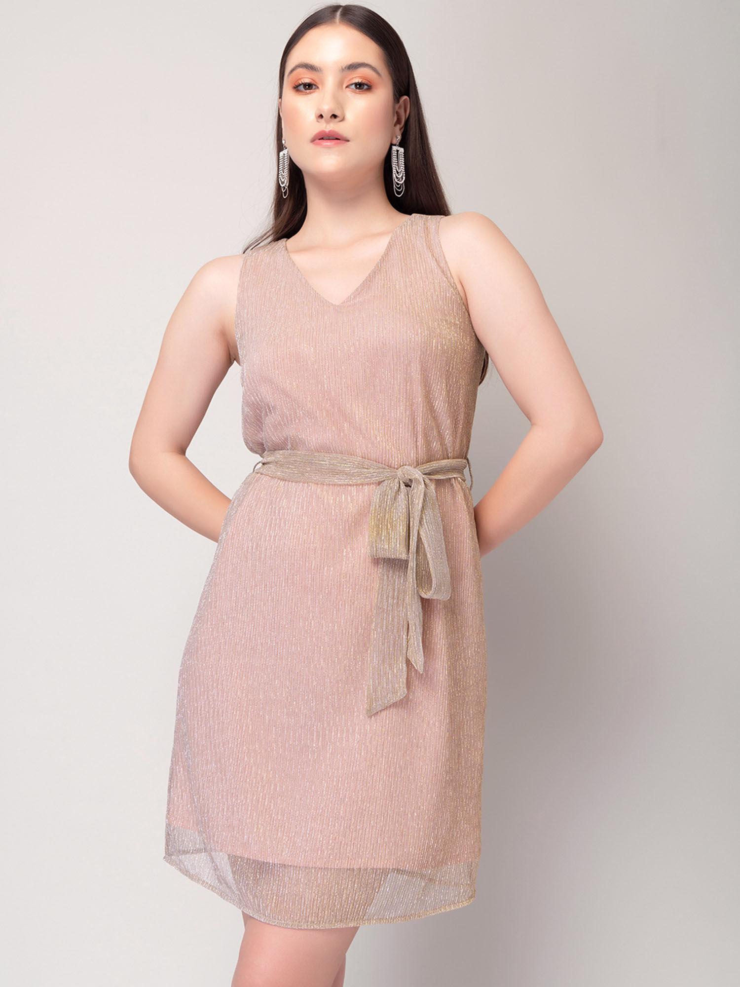 rose gold v-neck plisse dress with belt (set of 2)