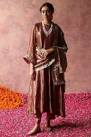 rose gold zari silk tissue embroidered kurta set