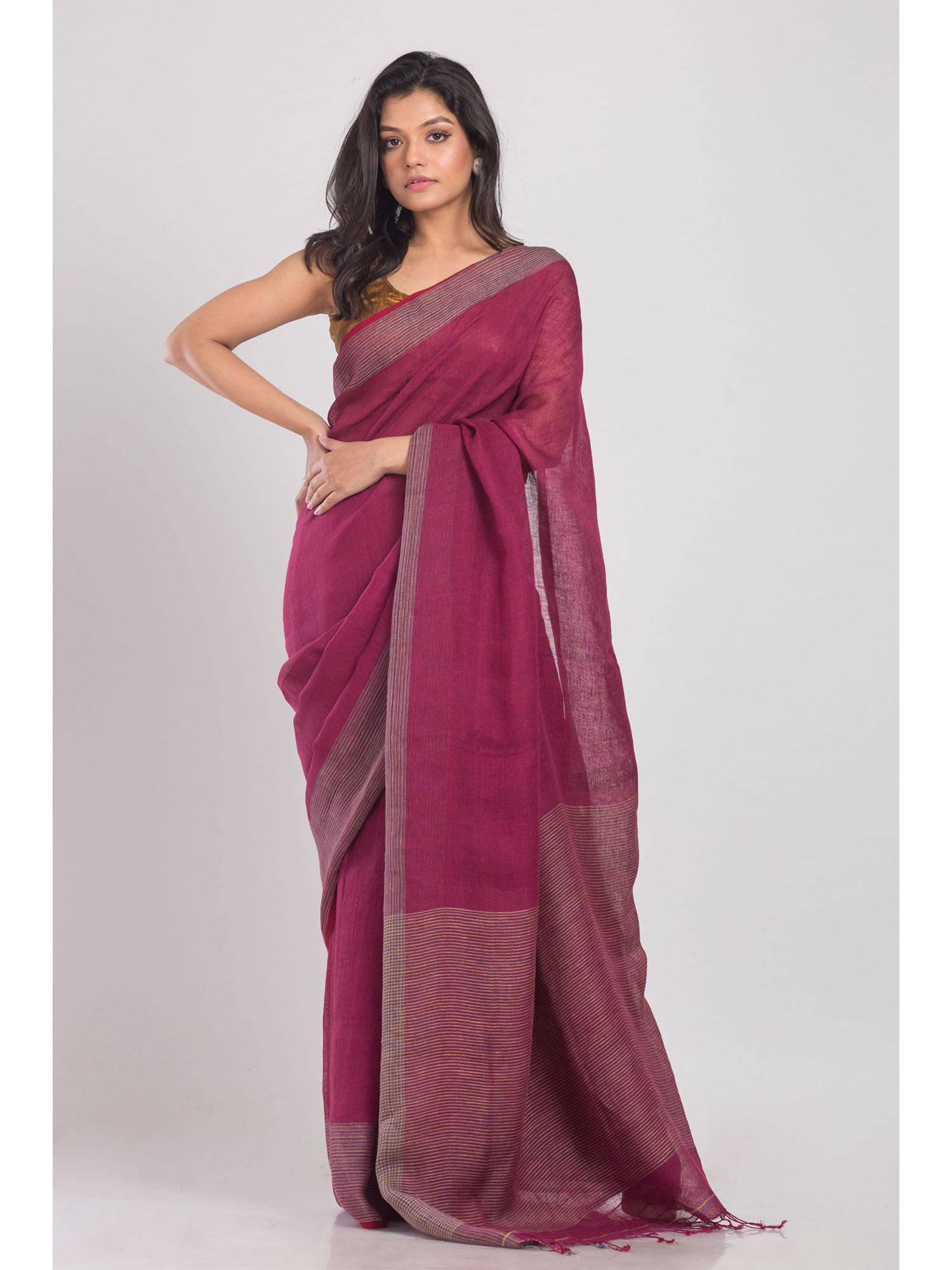 rose maroon handwoven linen saree with unstitched blouse