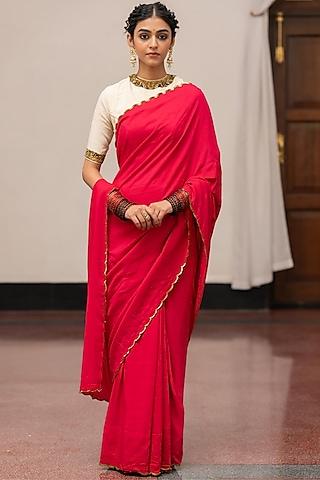 rose moonga silk embroidered woven saree set