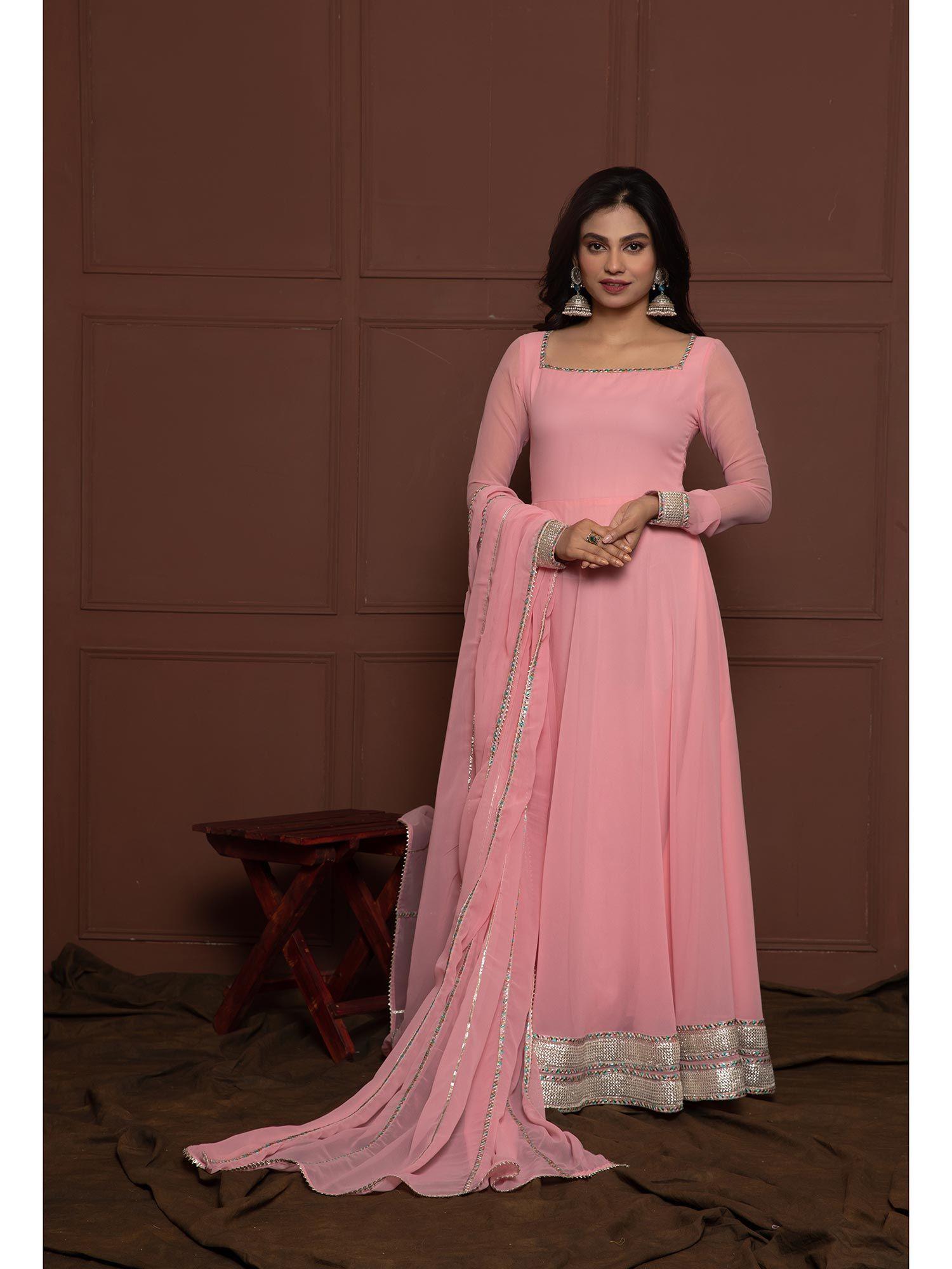 rose pink anarkali kurta with dupatta (set of 2)