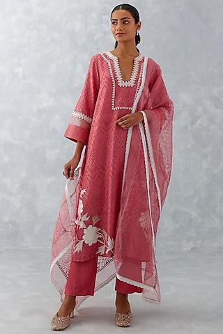 rose pink chanderi embroidered & printed kurta set