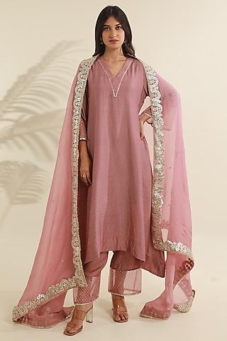 rose pink chanderi straight kurta set