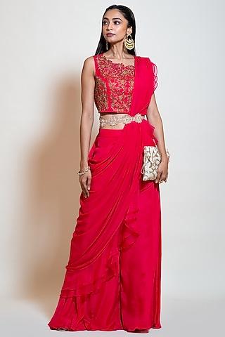 rose pink crepe & organza ruffled drape sharara set