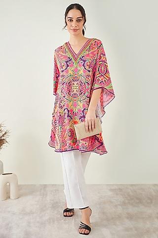 rose pink double viscose floral printed & hand embroidered tunic