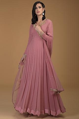 rose pink embroidered anarkali with dupatta