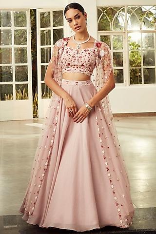 rose pink embroidered cape lehenga set