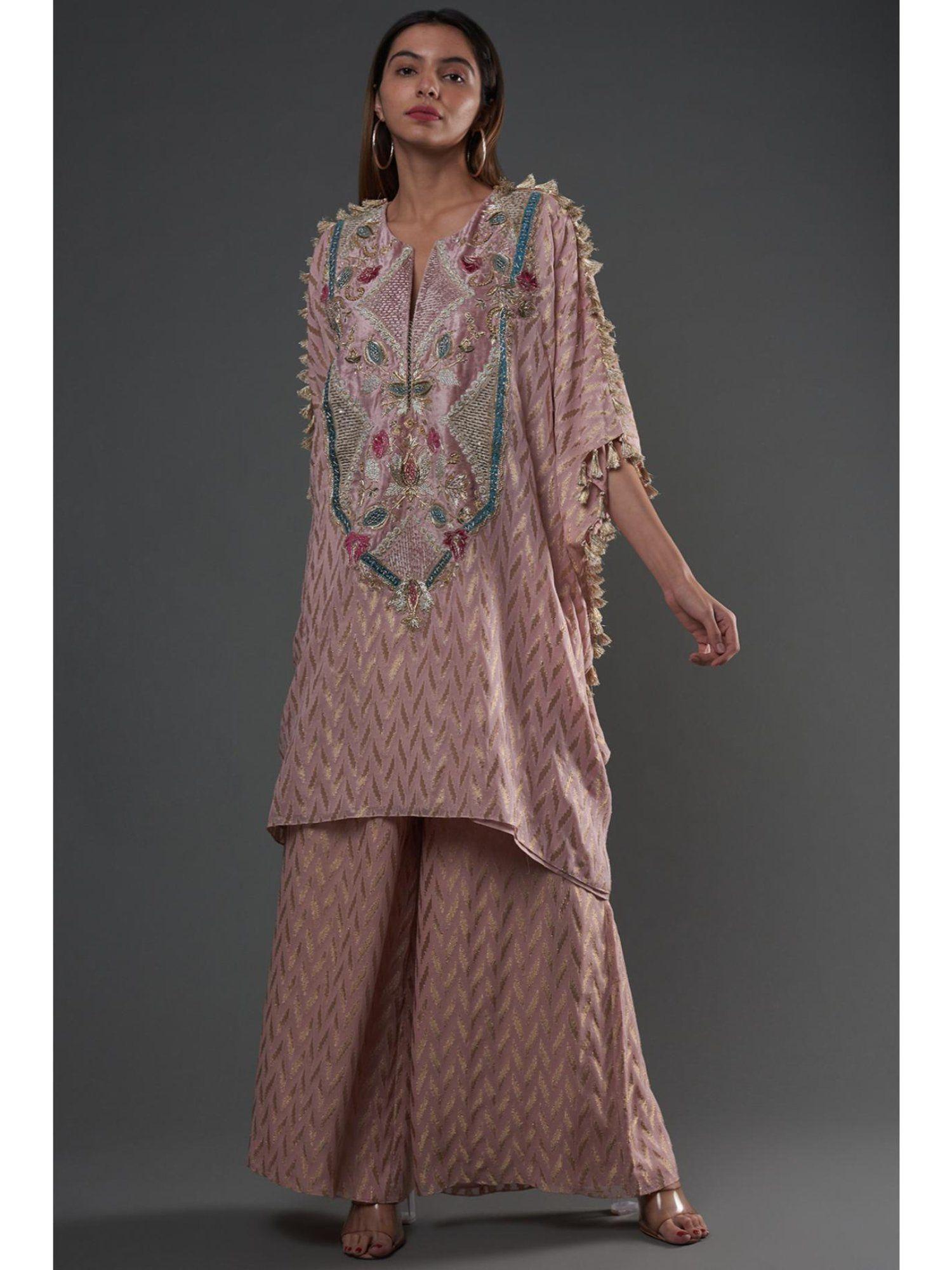 rose pink embroidered kaftan with palazzo (set of 2)