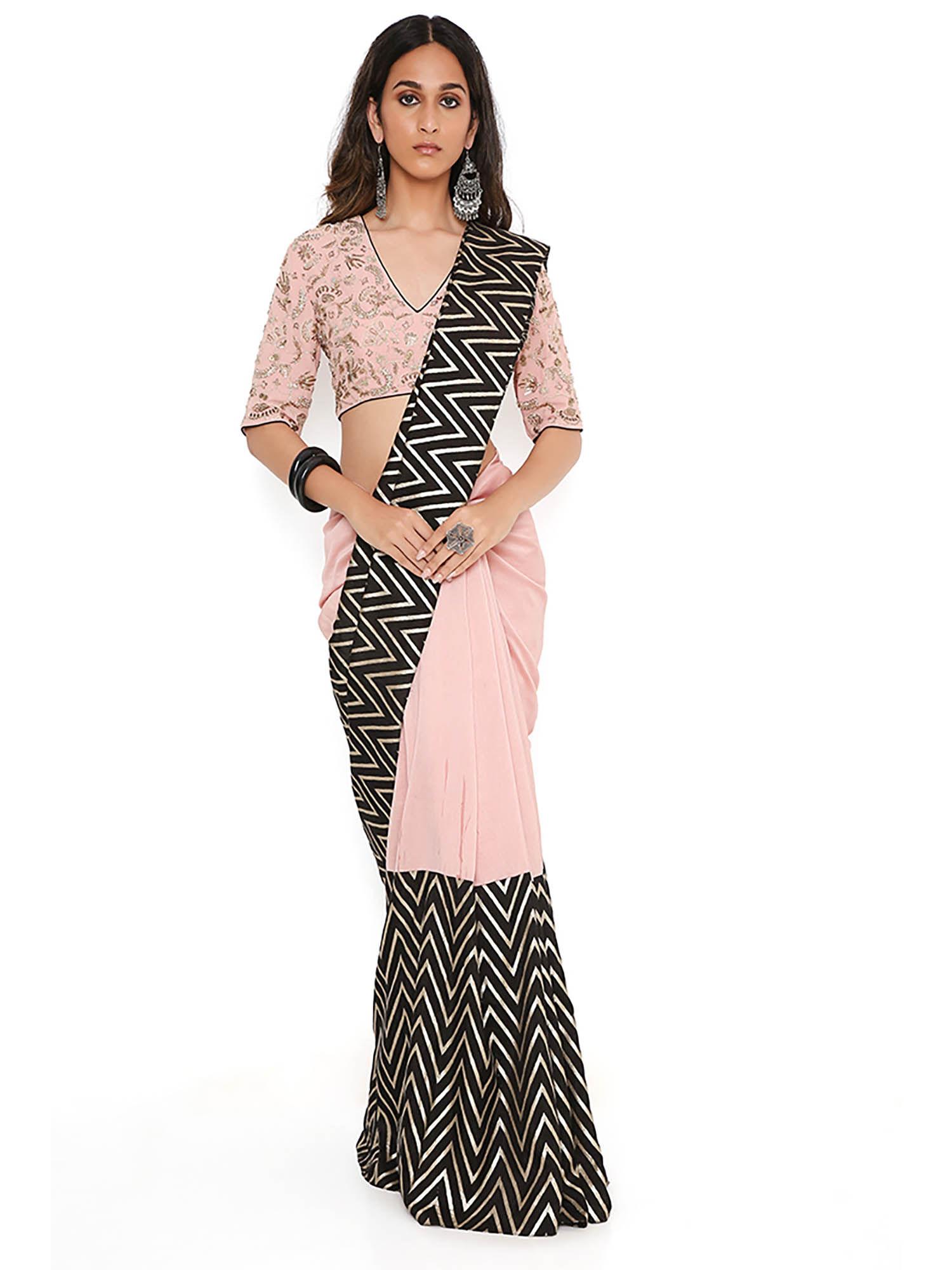 rose pink embroidered saree with petticoat and stitched blouse