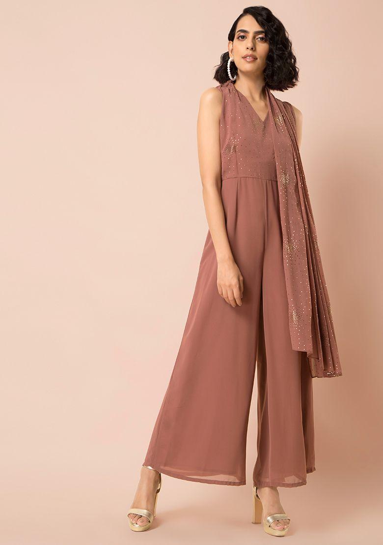 rose pink foil side stole jumpsuit