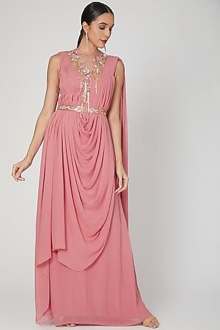 rose pink georgette crystal embellished draped gown saree with belt