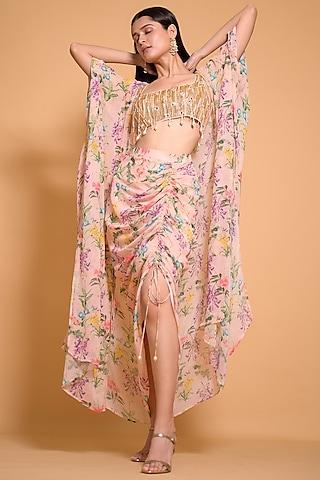 rose pink georgette floral printed cape set