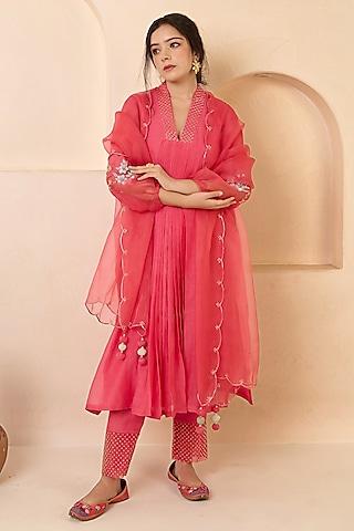 rose pink georgette hand embroidered straight kurta set