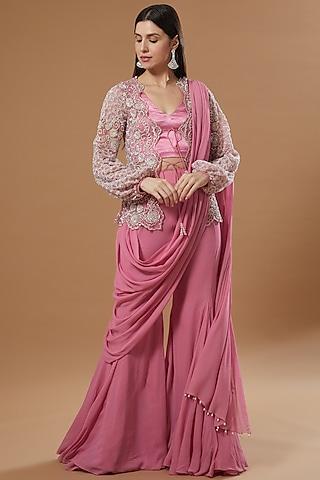 rose pink georgette pant saree set