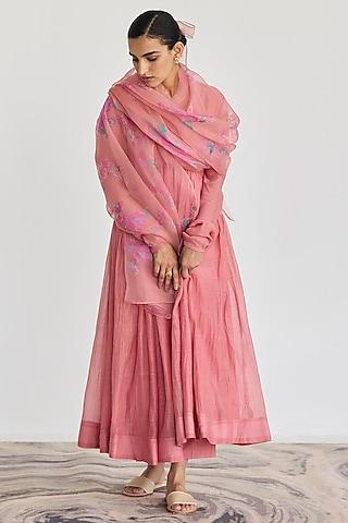 rose pink handwoven chanderi gathered anarkali set