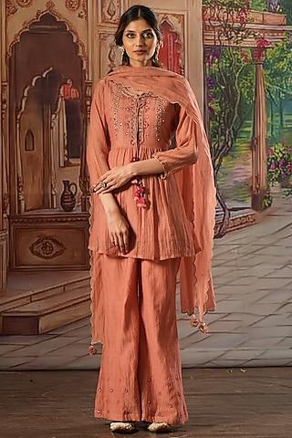 rose pink handwoven chanderi silk embroidered gathered kurta set