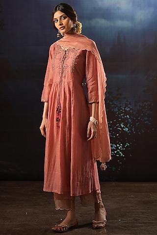 rose pink handwoven chanderi silk embroidered gathered kurta set