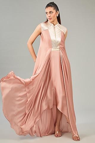 rose pink metallic polymer & crepe chiffon dress