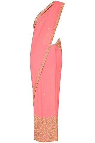 rose pink net & georgette floral embroidered saree set