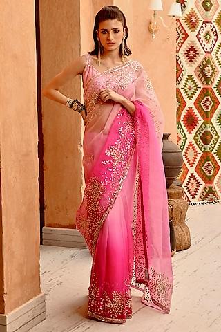 rose pink ombre organza gota patti embroidered saree set