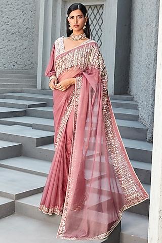 rose pink organza embroidered saree set