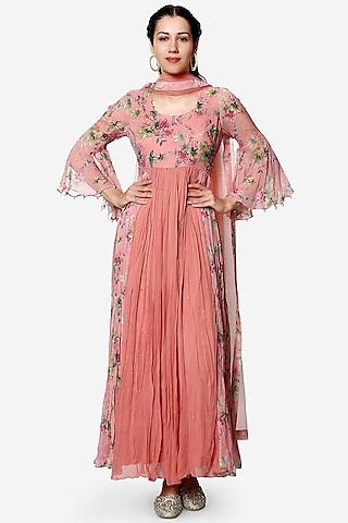 rose pink printed & embroidered anarkali set